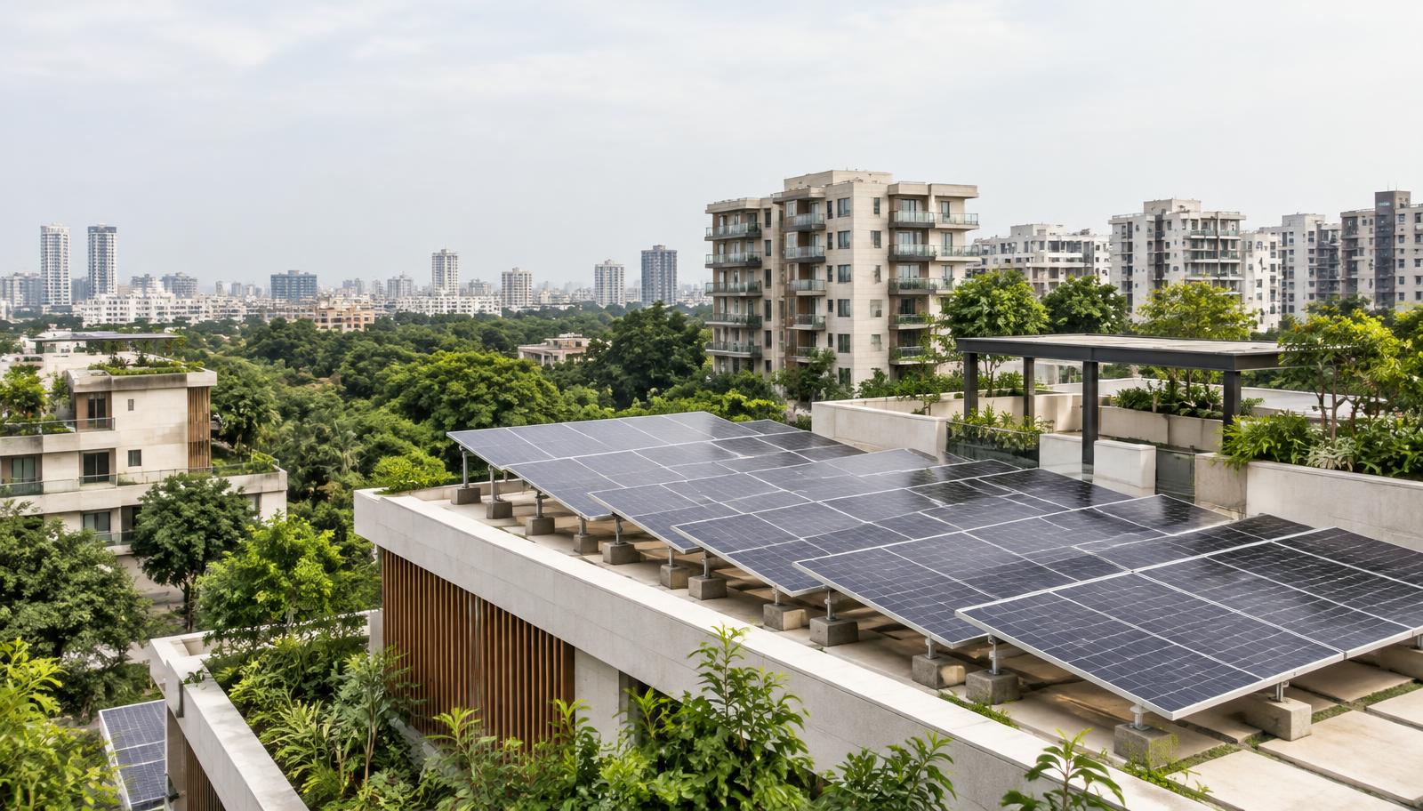 Modern Indian buildings with rooftop solar installations